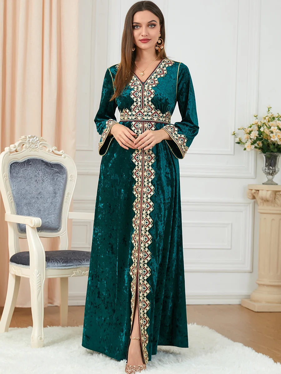 Velvet Embroidered Abaya - Dubai Style Dress