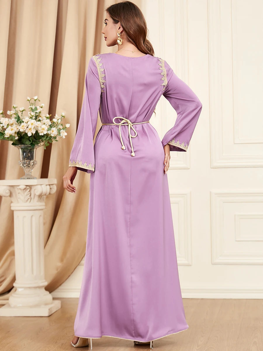 Dubai Style Belted V-Neck Abaya Maxi Dress