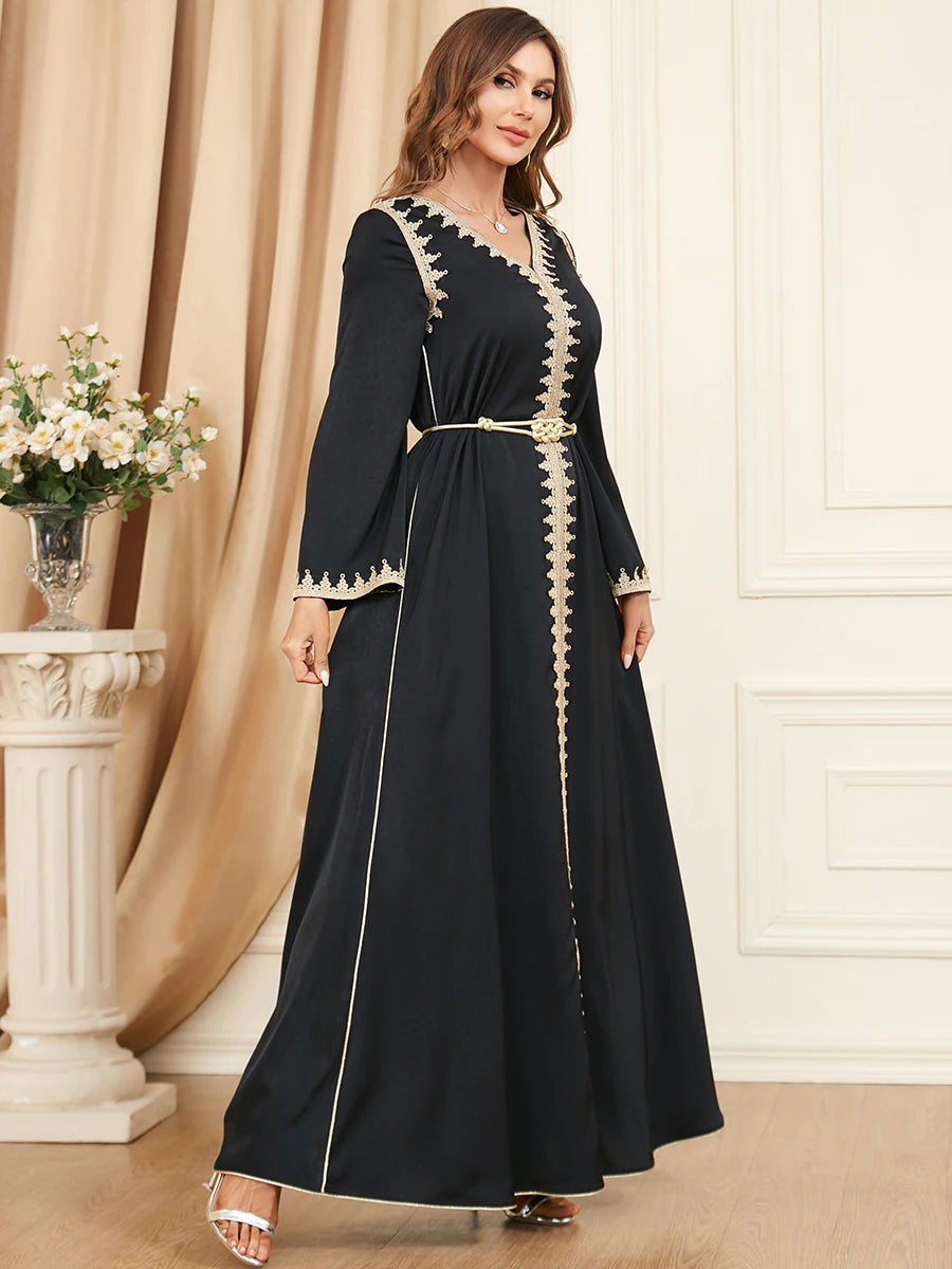 Dubai Style Belted V-Neck Abaya Maxi Dress