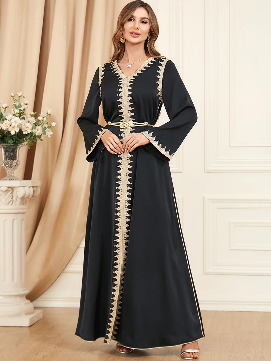 Dubai Style Belted V-Neck Abaya Maxi Dress