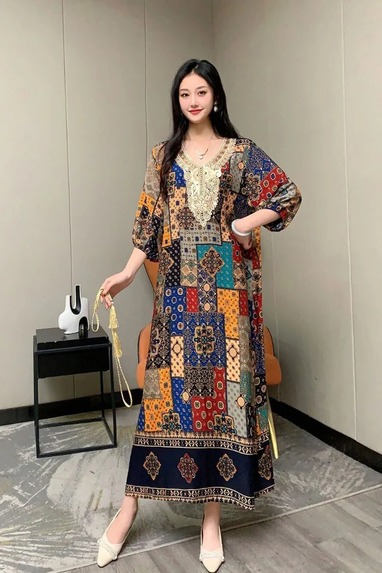 Casual Vintage Embroidery Muslim Dress