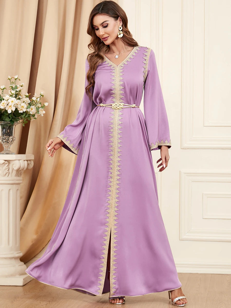 Dubai Style Belted V-Neck Abaya Maxi Dress