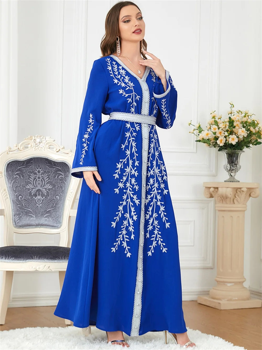 Trendy Dubai V-Neck Abaya Dress