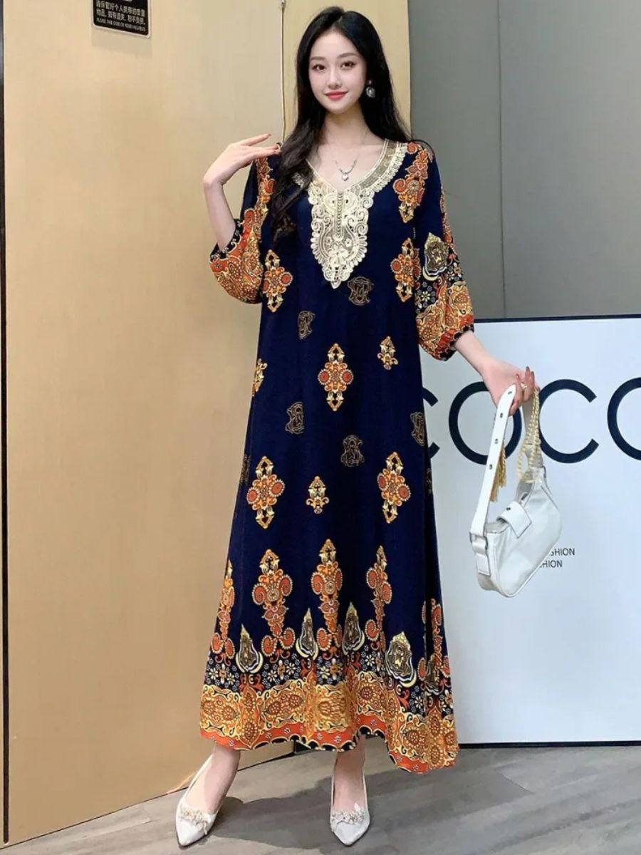 Casual Vintage Embroidery Muslim Dress